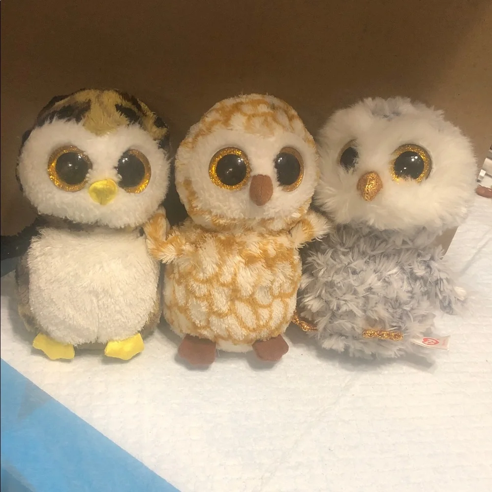 Ty Plush Owl Trio - White, Gray, Yellow, and Brown